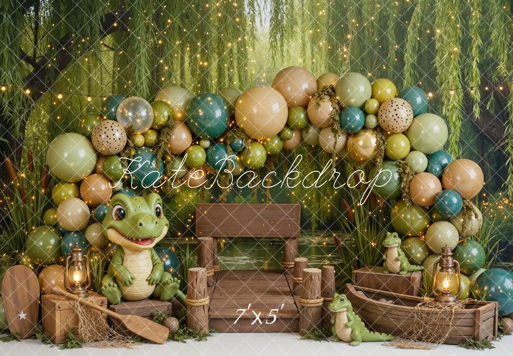 Kate Cake Smash Jungle Gator Dock Balloon Arch Printed Backdrop Designed by Mini MakeBelieve