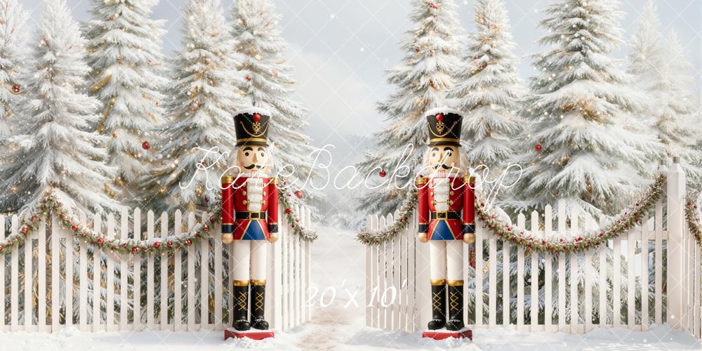 Kate Christmas Nutcracker Snowy Pine Trees White Fence Backdrop Designed by Emetselch