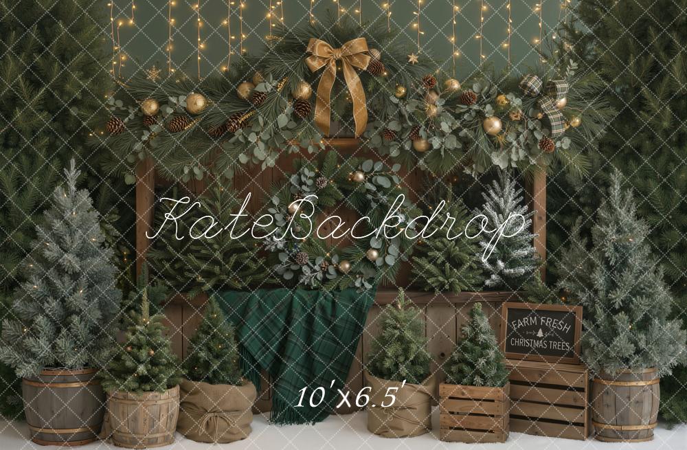 Kate Christmas Tree Farm Rustic Bow Lights Printed Backdrop Designed by Emetselch