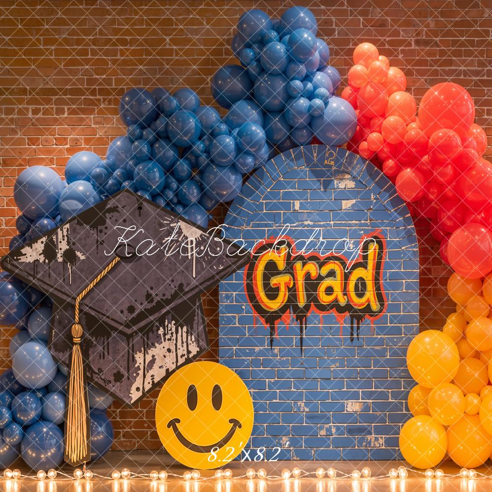 Kate Graduation Cap Blue Brick Wall Rainbow Balloons Printed Backdrop Designed by Emetselch