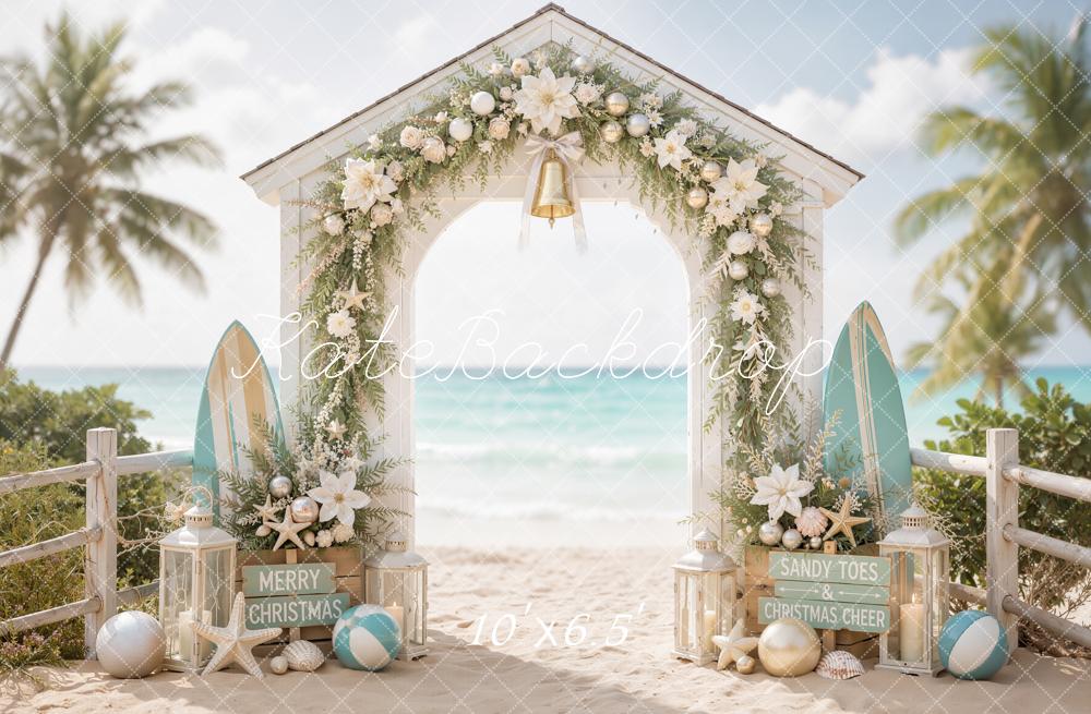 Kate Christmas Beach Arch Surfboards Garland Palm Trees Printed Backdrop Designed by Emetselch