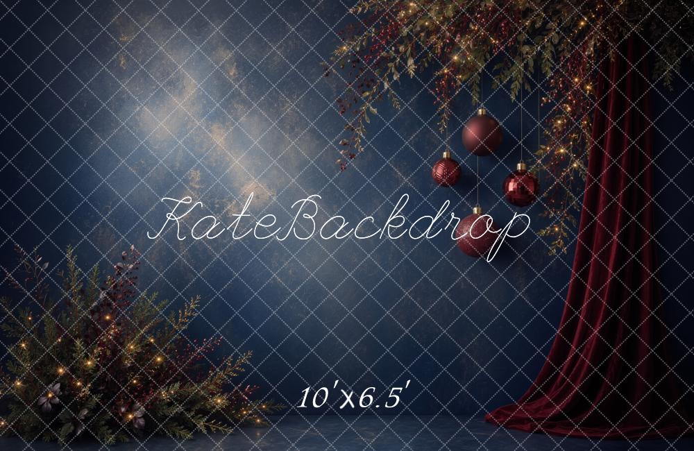 Kate Christmas Navy Abstract Ornaments Red Curtain Printed Backdrop Designed by Ashley Ward