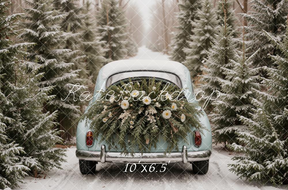 Kate Christmas Winter Vintage Car Evergreen Forest Flowers Snow Printed Backdrop Designed by Ashley Ward