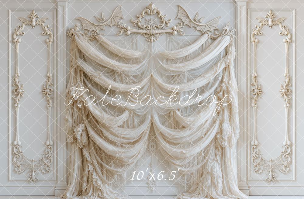 Kate Halloween Ivory Drapery Ornate Bone Wall Printed Backdrop Designed by Mini MakeBelieve