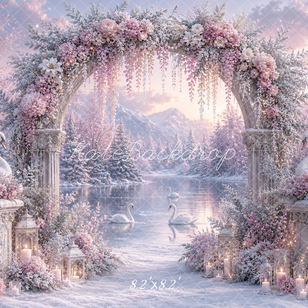 Kate Winter Wonderland Lavender Flower Arch Swan Lake Printed Backdrop Designed by Ashley Paul