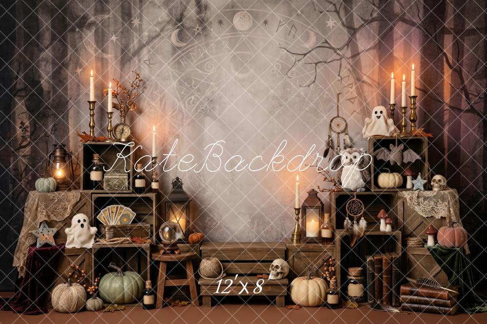 Kate Halloween Apothecary Cabinet Candles Pumpkins Spooky Printed Backdrop Designed by Patty Roberts