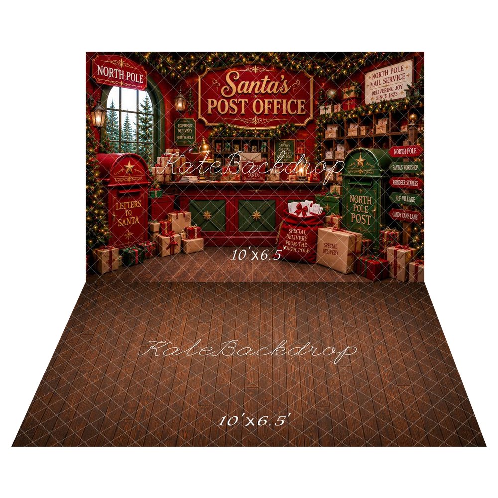 Kate Christmas Santa's Post Office North Pole Gifts Printed Backdrop+Brown Wood Plank Floor Printed Backdrop