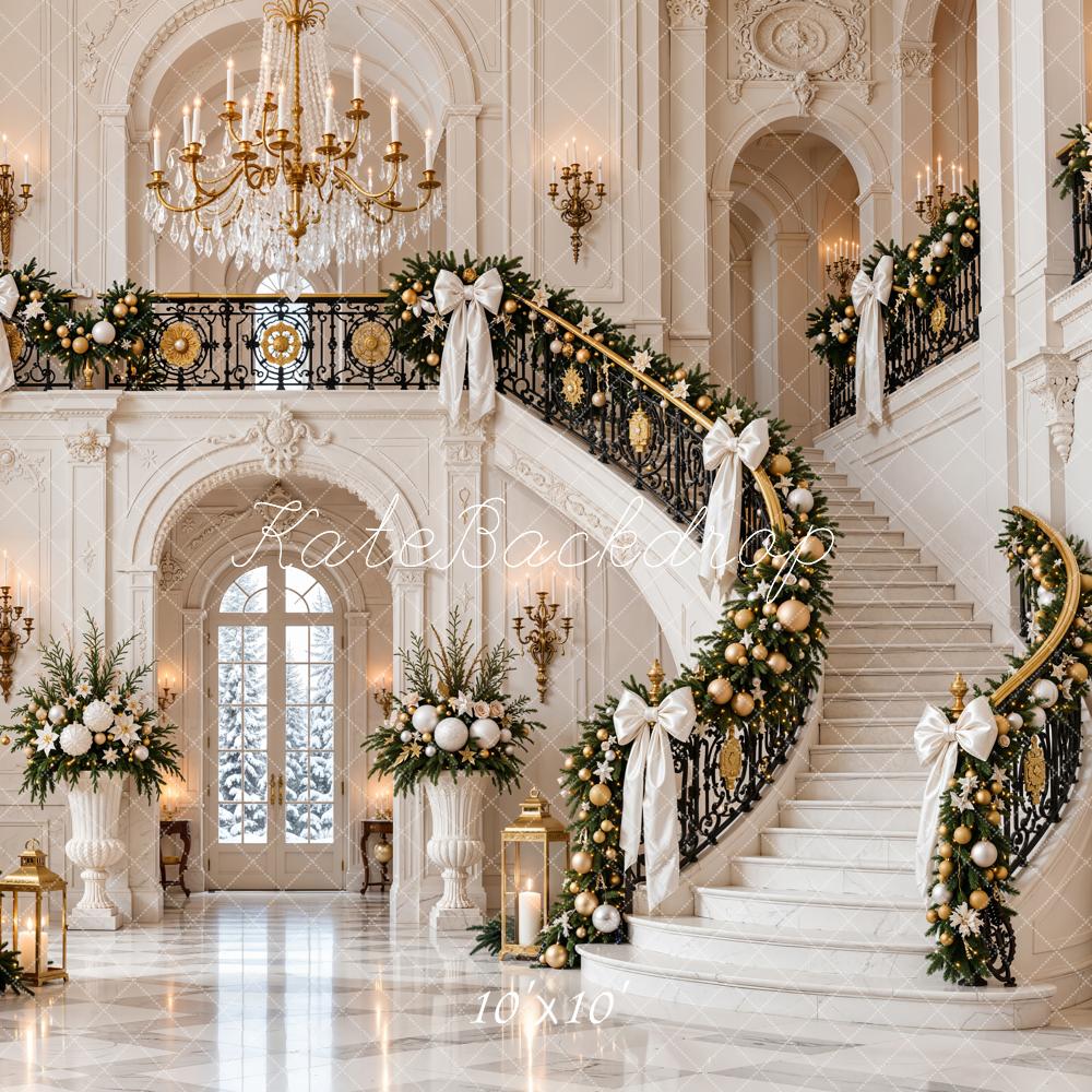 Kate Christmas Tree White Bow Grand Staircase Luxury Mansion Printed Backdrop Designed by Emetselch