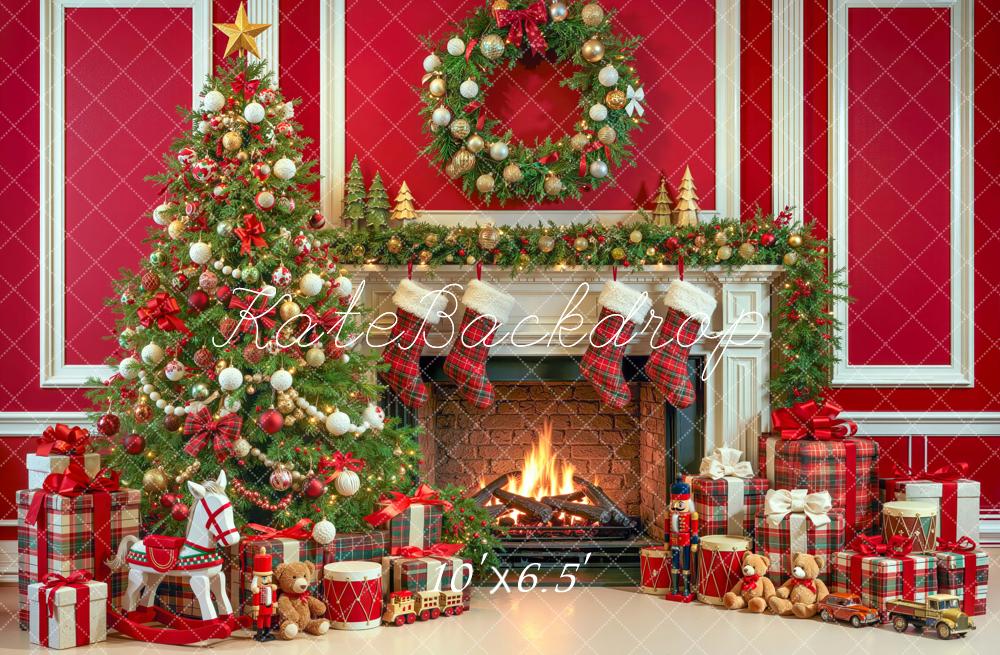 Kate Christmas Red Fireplace Christmas Tree Wreath Plaid Printed Backdrop Designed by Mini MakeBelieve