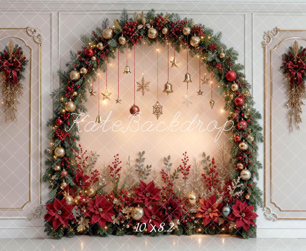 Kate Christmas Arch Ornaments Poinsettias Retro Wall Printed Backdrop Designed by Mini MakeBelieve