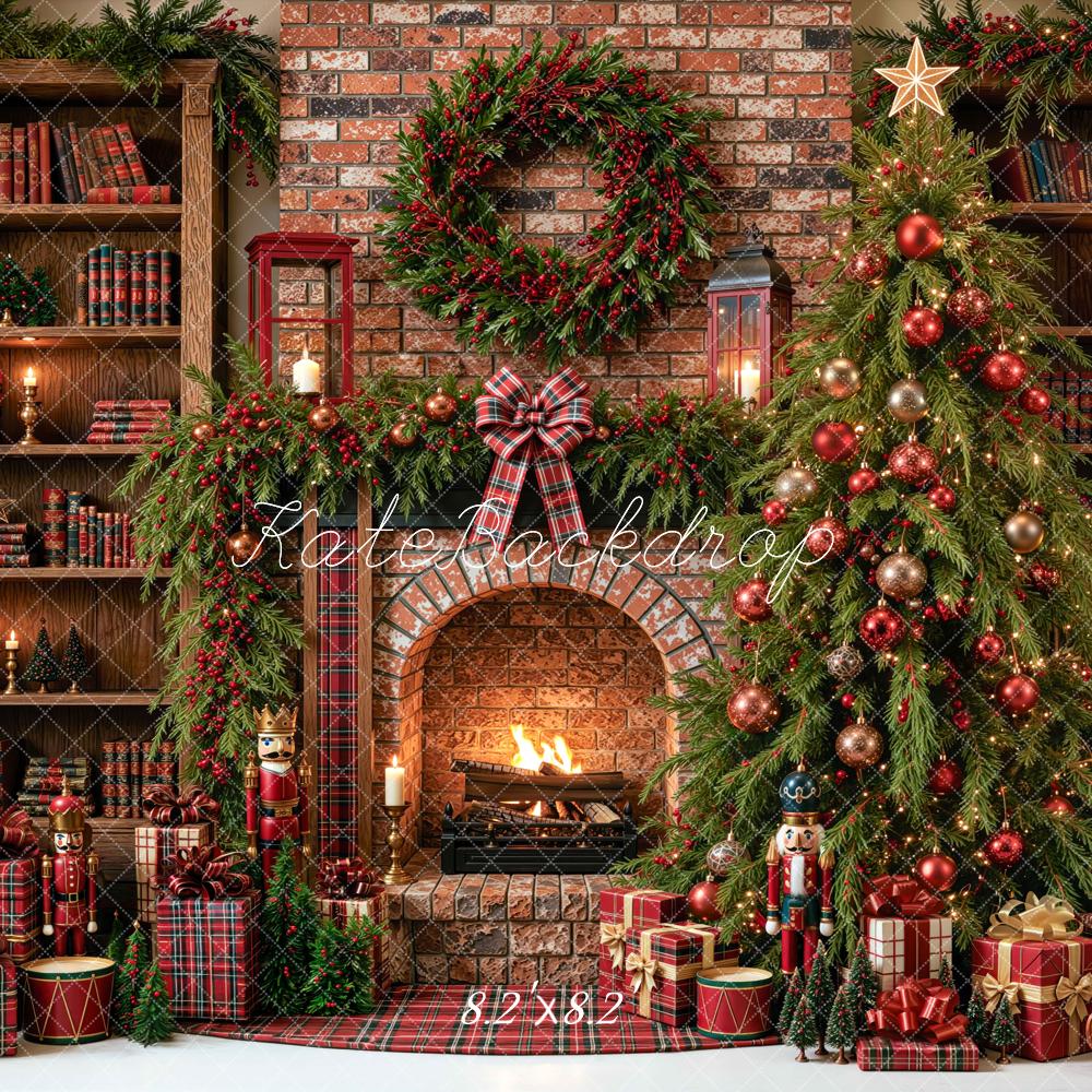 Kate Christmas Tree  Library Brick Fireplace Wreath Red Plaid Printed Backdrop Designed by Mini MakeBelieve