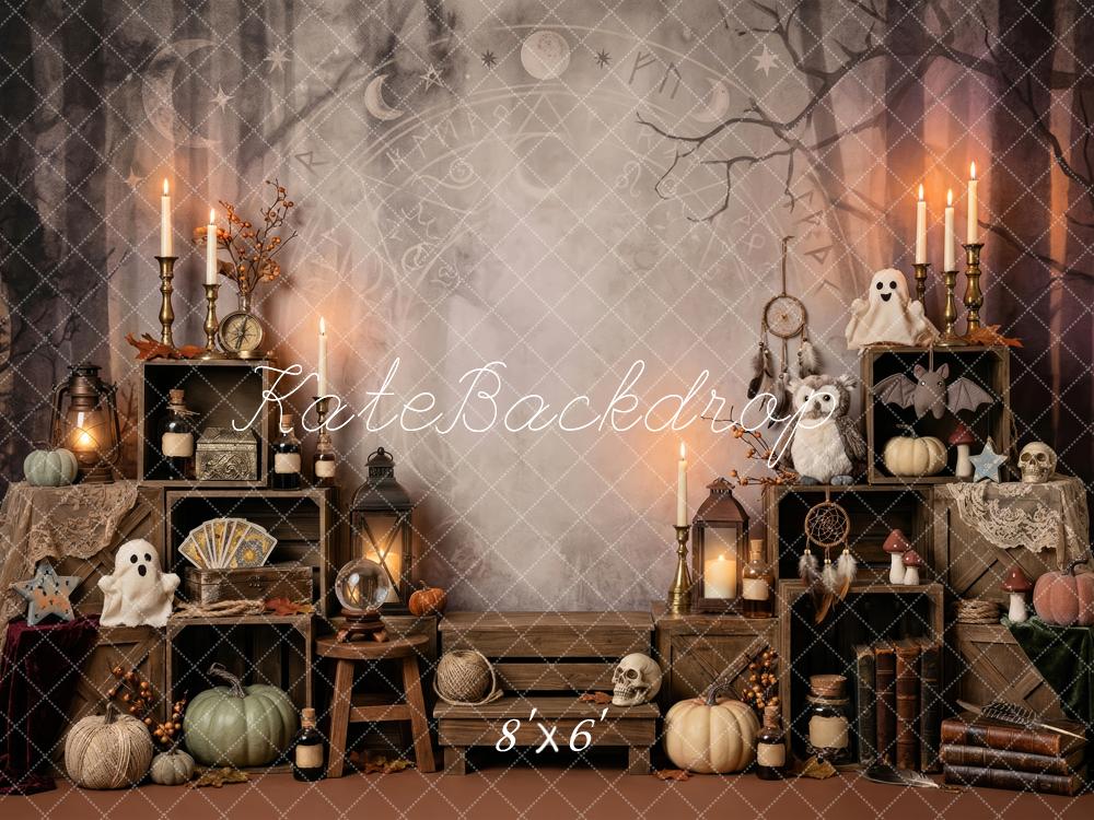Kate Halloween Apothecary Cabinet Candles Pumpkins Spooky Printed Backdrop Designed by Patty Roberts
