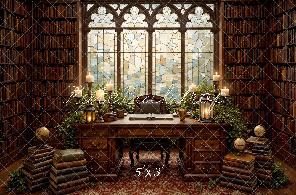 Kate Library Books Stained Glass Desk Globes Backdrop Designed by Mini MakeBelieve