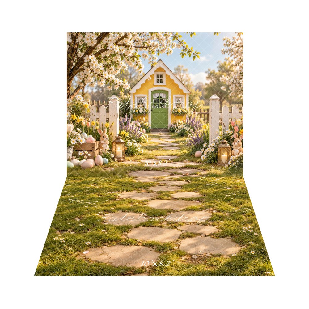 Kate Easter Yellow Cottage Garden Cherry Blossoms Bunny Printed Backdrop+Green Daisy Meadow Stone Path Floor Printed Backdrop
