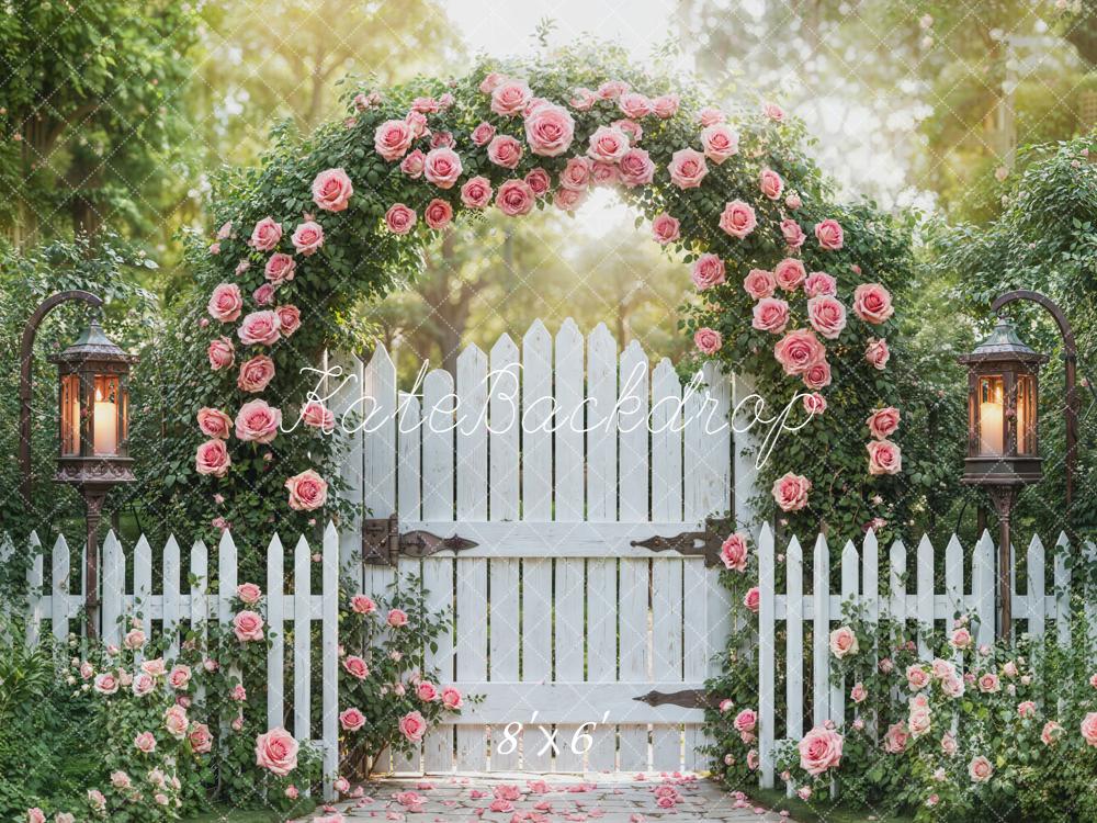 Kate Spring Valentines Flower Arch White Picket Fence Lantern Backdrop Designed by Emetselch