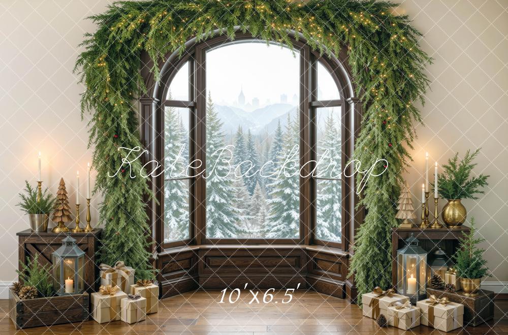 Kate Christmas Evergreen Garland Window Gifts Brown Printed Backdrop Designed by Mini MakeBelieve