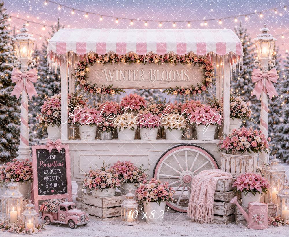 Kate Christmas Winter Pink Flower Cart Snowy Printed Backdrop Designed by Ashley Paul