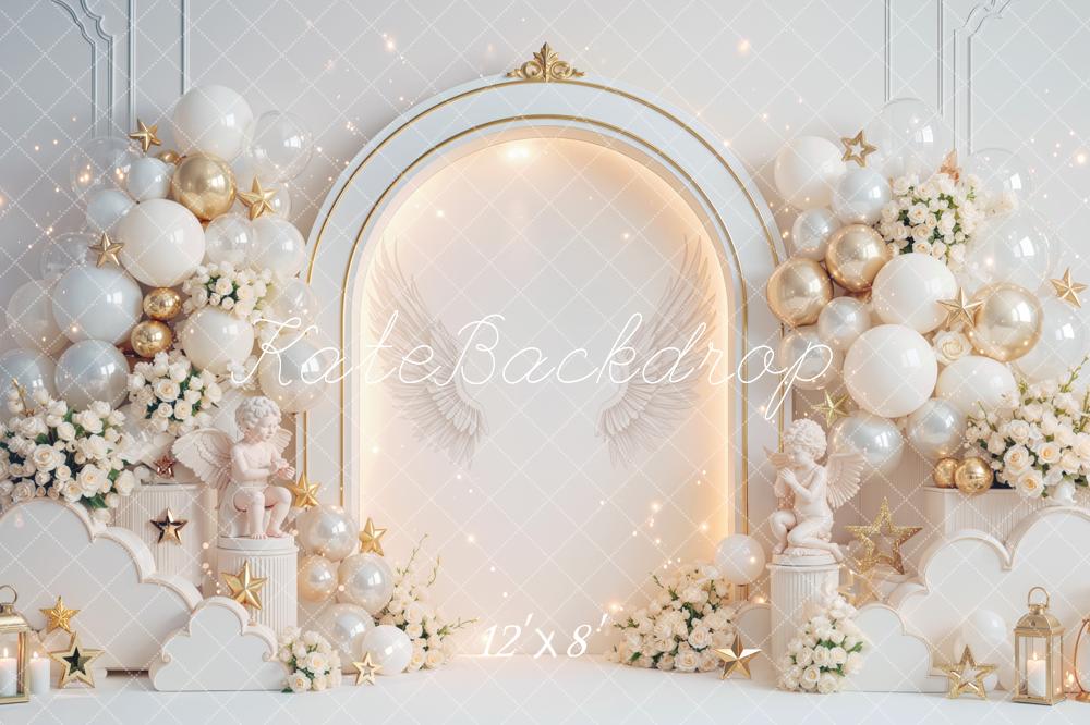 Kate Cake Smash Heaven Made Angel Arch Balloons Stars Clouds Printed Backdrop Designed by Mini MakeBelieve