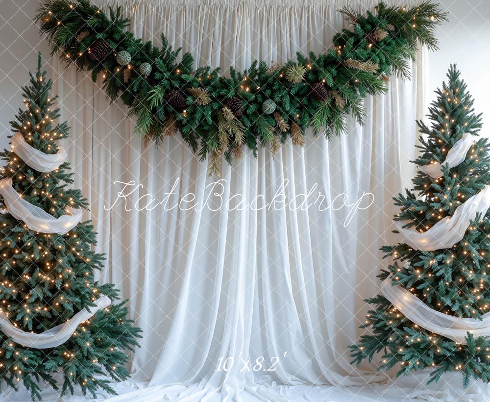 Kate Christmas Pine Trees Garland White Drapes Printed Backdrop Designed by Mini MakeBelieve