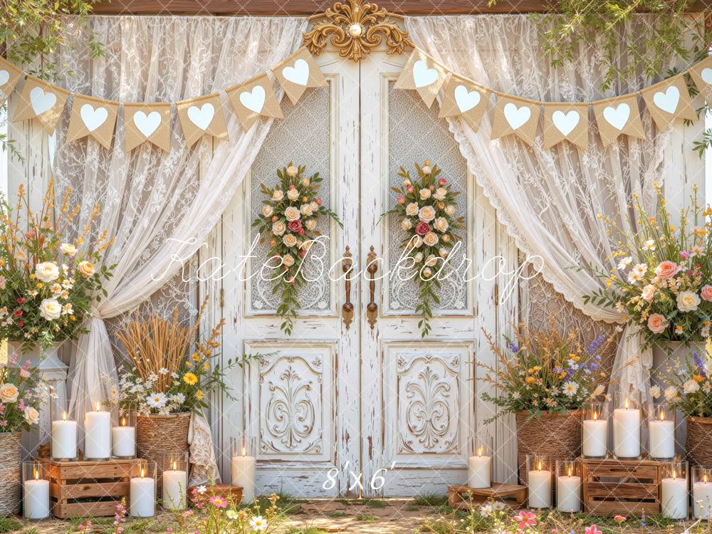 Kate Spring Vintage French Doors Floral Lace Hearts Printed Backdrop Designed by Mini MakeBelieve
