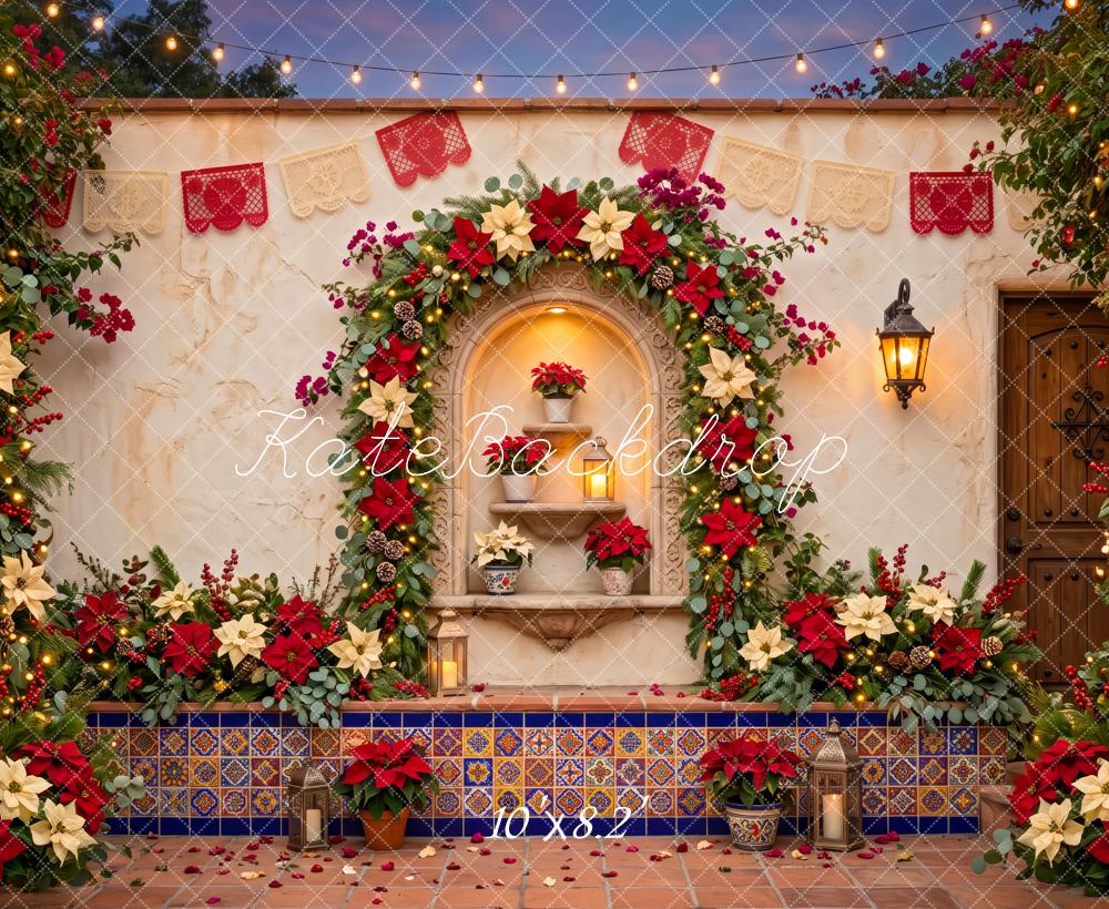 Kate Mexican Christmas Poinsettia Courtyard Floral Arch Printed Backdrop Designed by Patty Roberts