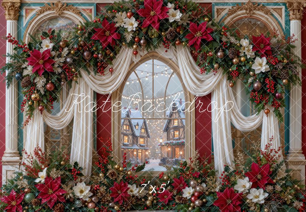 Kate Christmas Poinsettia Garland Ornate Drapes Window Printed Backdrop Designed by Mini MakeBelieve