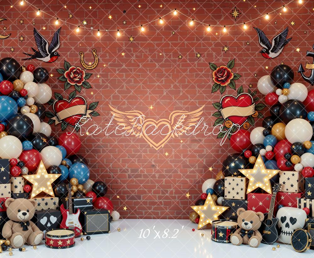 Kate Cake Smash Tattoo Rock and Roll Balloons Gifts Brick Wall Printed Backdrop Designed by Mini MakeBelieve
