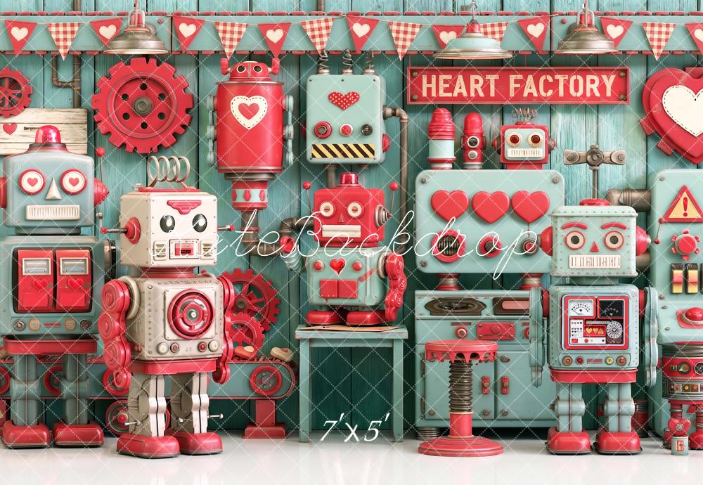 Kate Valentine's Day Robot Heart Factory Printed Backdrop Designed by Angela Miller