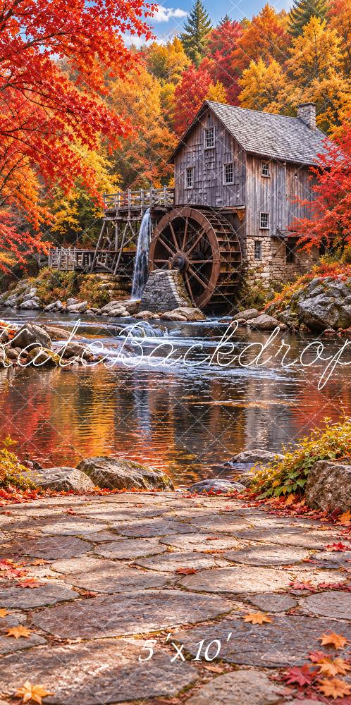 Kate Sweep Fall Water Mill Cabin Waterfall Forest Printed Backdrop Designed by Vertigo Productions