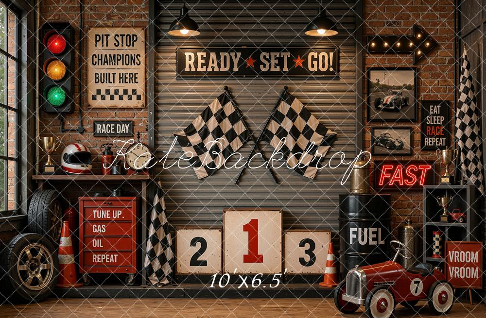 Kate Vintage Racing Garage Vintage Pedal Car Checkered Flags Printed Backdrop Designed by Shutter Swan Studios