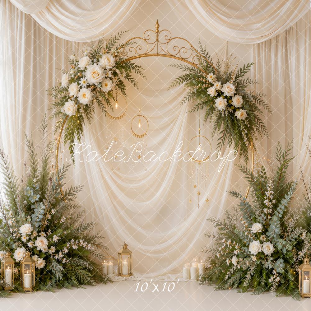 Kate Romantic White Floral Arch Gold Sheer Drapes Printed Backdrop Designed by Emetselch