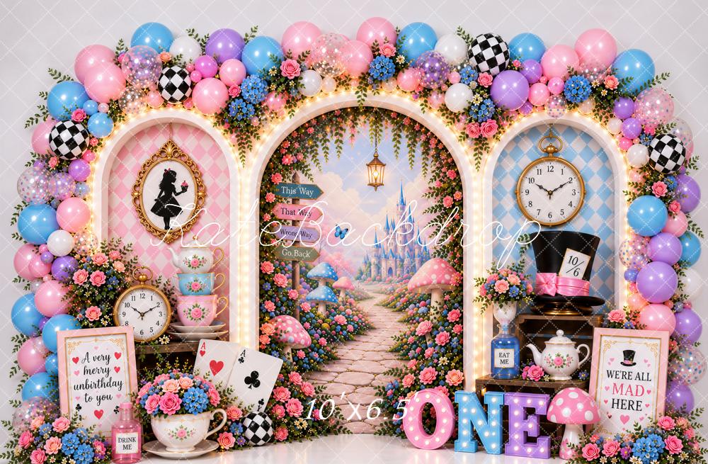 Kate First Birthday Whimsical Wonderland Tea Party Balloon Arch Printed Backdrop Designed by Ashley Paul