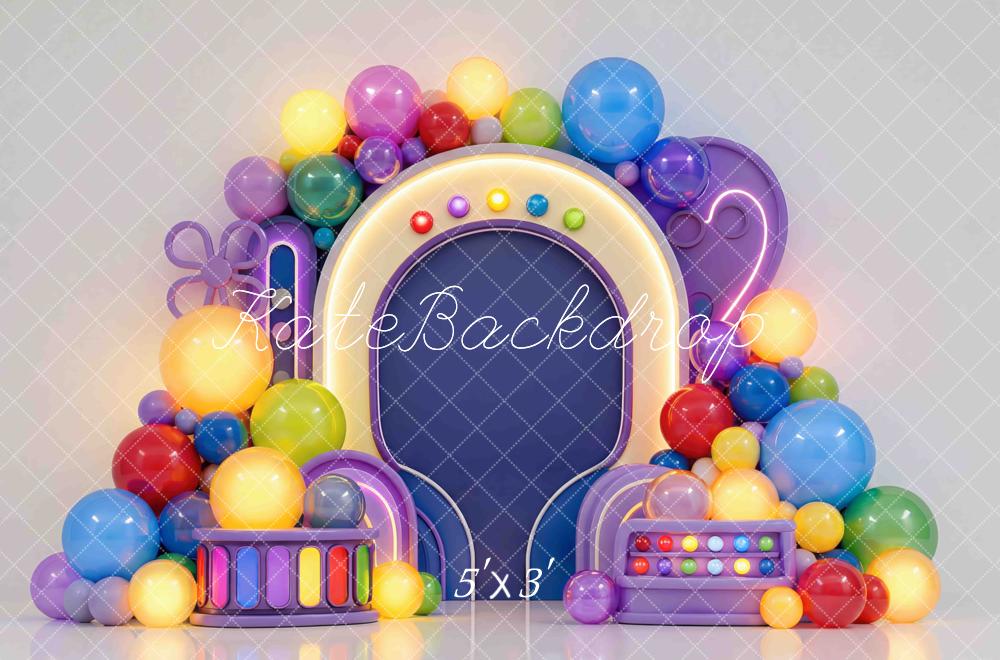 Kate Cake Smash Colorful Balloon Arch Round Frame Printed Backdrop Designed by Mini MakeBelieve