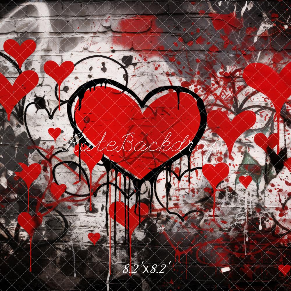 Kate Valentine's Day Graffiti Red Hearts Brick Wall Backdrop Designed by Emetselch