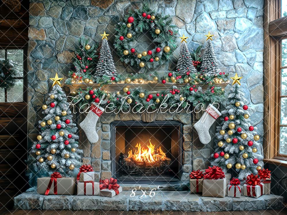 Kate Christmas Tree Stone Fireplace Wreath Winter Backdrop Designed by Mini MakeBelieve