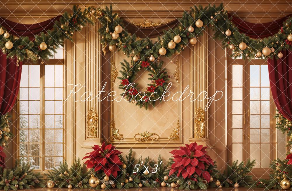 Kate Christmas Window Poinsettia Curtains Backdrop Designed by Emetselch