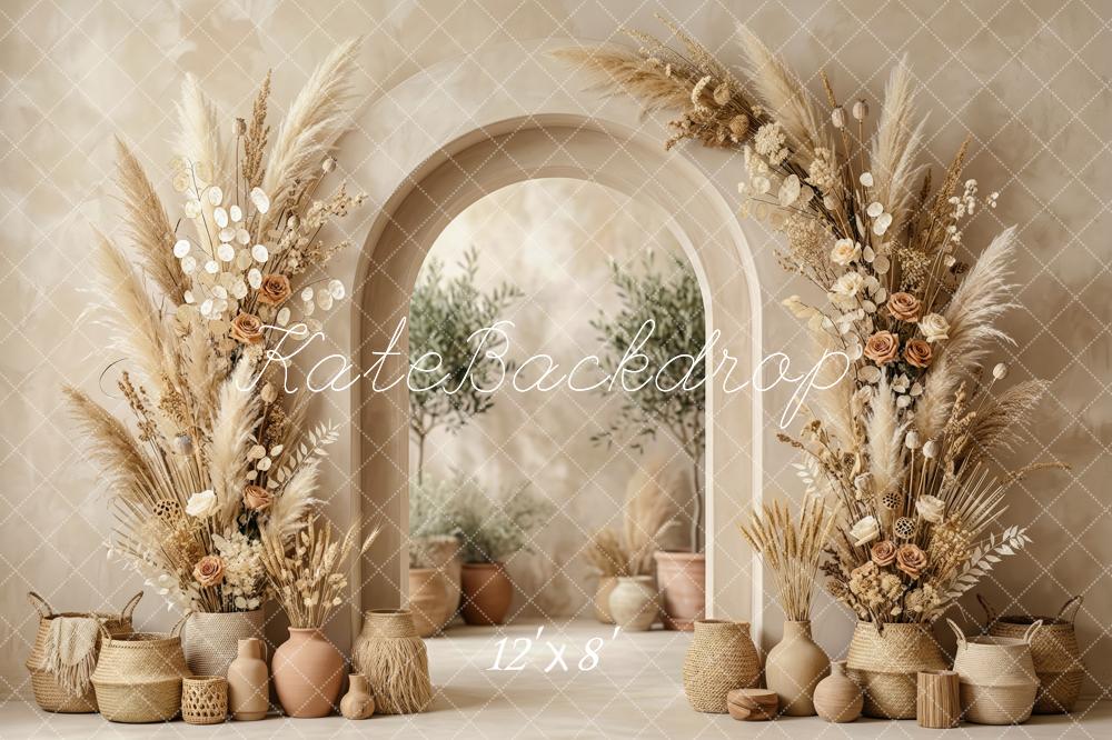 Kate Boho Flower Arch Pampas Grass Vases Beige Printed Backdrop Designed by Patty Roberts