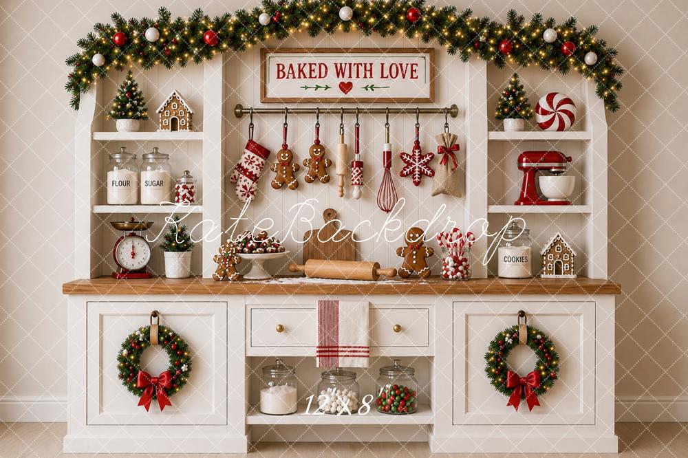 Kate Christmas Baking White Kitchen Cabinet Printed Backdrop Designed by Caitlin Lynch