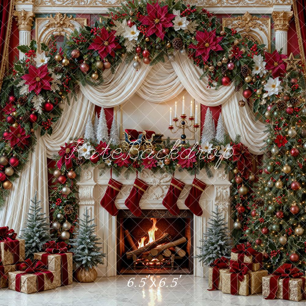 Kate Christmas Luxury Red Fireplace Garland Drapes Christmas Tree Printed Backdrop Designed by Mini MakeBelieve