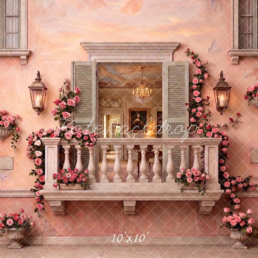 Kate Romantic Pink Balcony Roses French Villa Printed Backdrop Designed by Patty Roberts