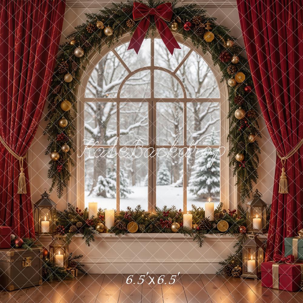 Kate Christmas Indoor Arched Window Red Curtain Garland Snowy Printed Backdrop Designed by Emetselch