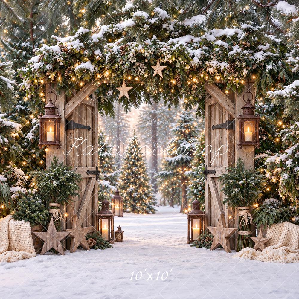 Kate Christmas Rustic Evergreen Wood Door Arch Stars Snowy Pine Trees Printed Backdrop Designed by Angela Miller