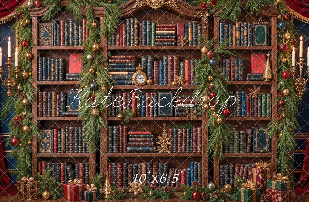 Kate Christmas Vintage Library Bookshelf Garland Printed Backdrop Designed by Mini MakeBelieve