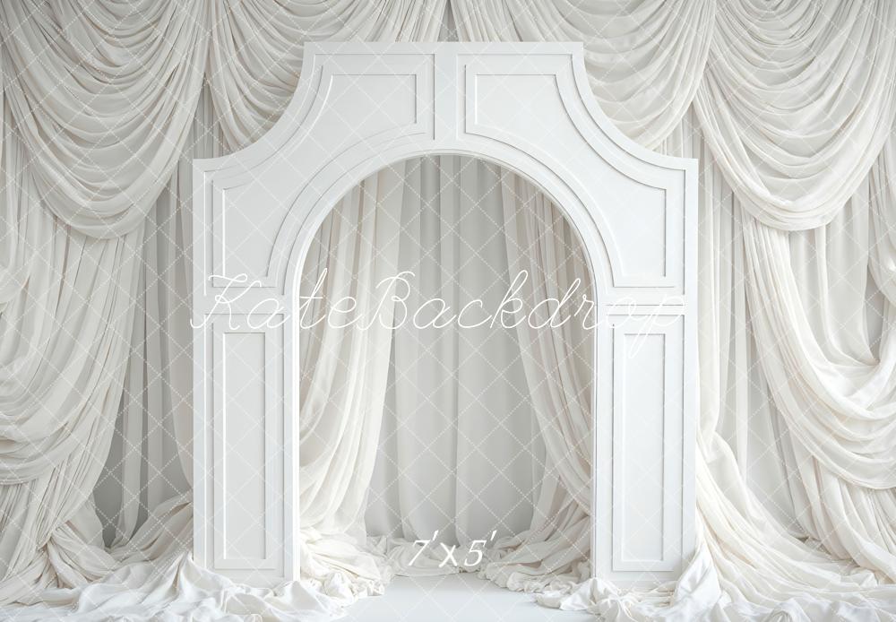Kate White Arch Decorative Panel Draped Curtains Printed Backdrop Designed by Mini MakeBelieve