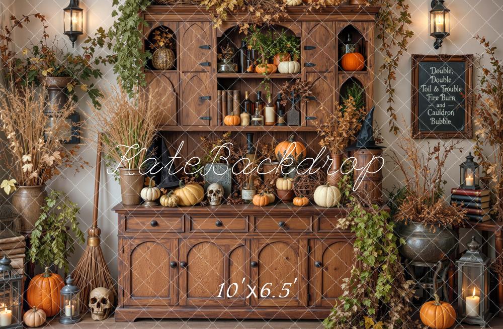 Kate Halloween Witches Hutch Gothic Cabinet Pumpkins Cauldron Printed Backdrop Designed by Mini MakeBelieve