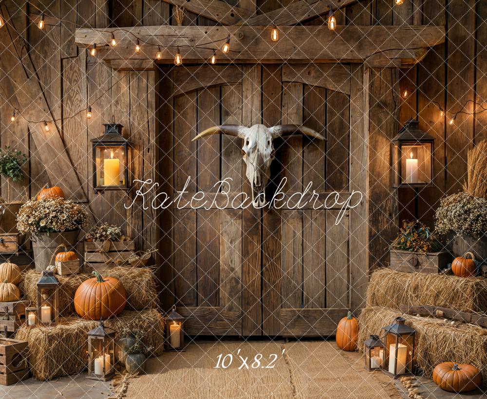 Kate Fall Rustic Barn Door Pumpkins Hay Lanterns Backdrop Designed by Emetselch