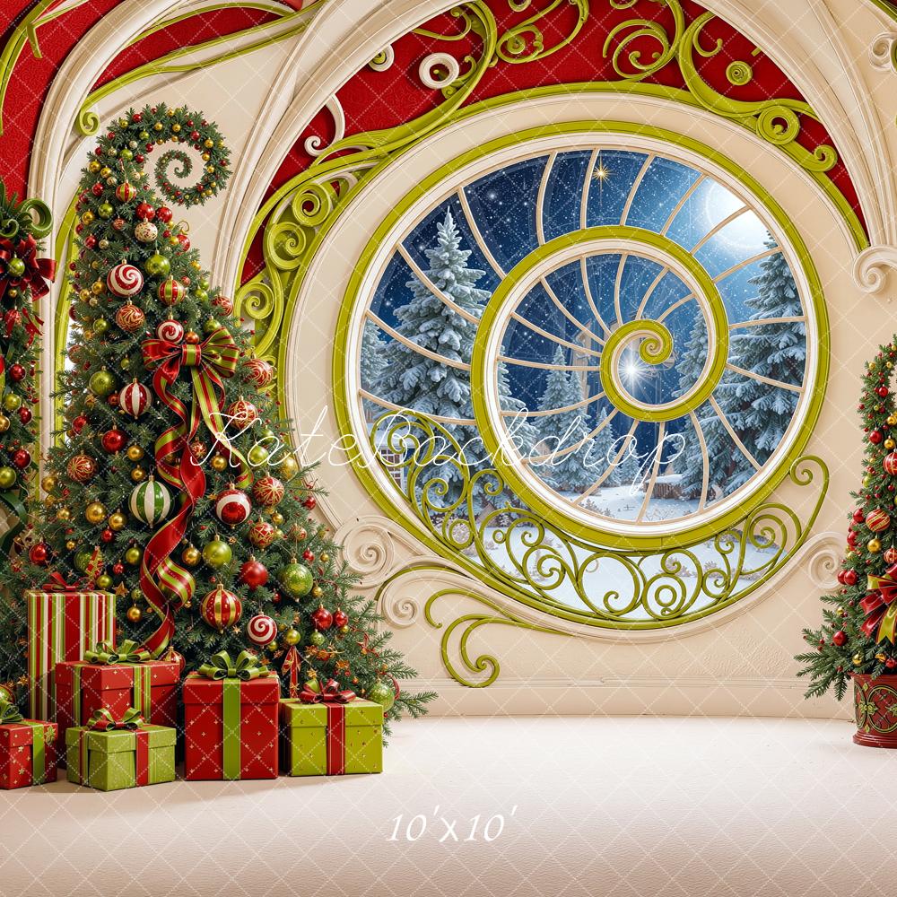 Kate Christmas Elf Spiral Window Decorated Trees Gifts Printed Backdrop Designed by Shutter Swan Studios