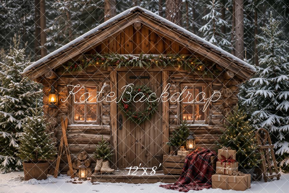 Kate Christmas Rustic Wood Cabin Snowy Plaid Blanket Forest Printed Backdrop Designed by Emetselch