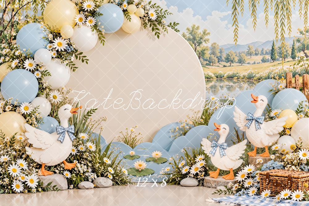 Kate Cake Smash Spring Goose Daisy Balloon Lakeside Picnic Printed Backdrop Designed by Emetselch