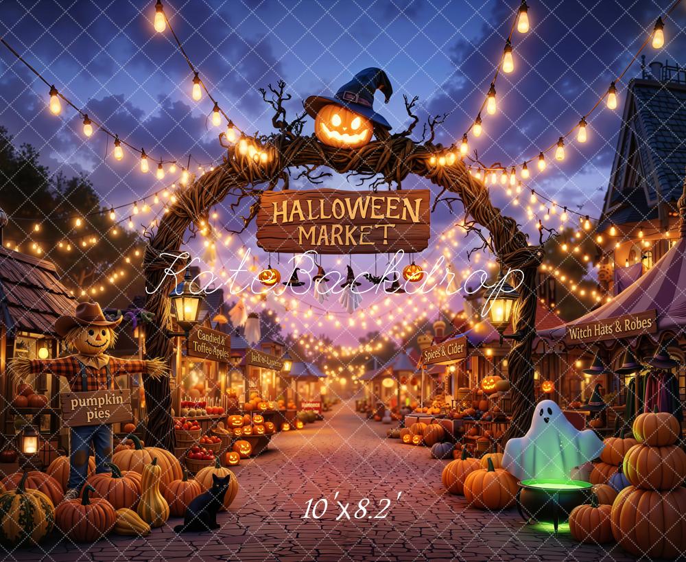 Kate Halloween Market Arch Pumpkins Ghost String Lights Printed Backdrop Designed by Chain Photography